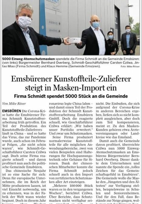 Schmidt steigt in Masken-Import ein! Geschenk an die Gemeinde Emsbüren!