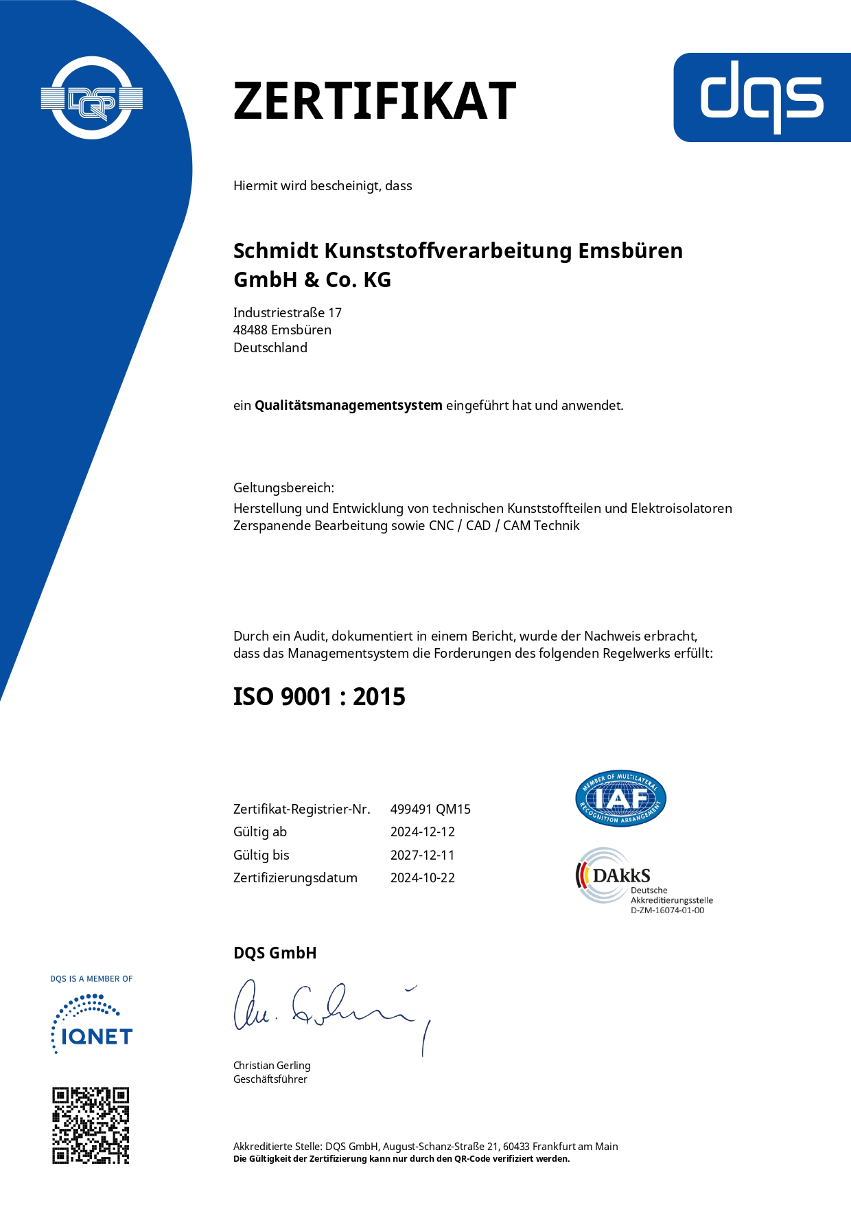 499491 - Schmidt Kunststoffverarbeitung Emsbüren GmbH & Co. KG - CERTIFICATE - deutsch - 2024-12-12 - QM15_page-0001 DQS Zertifikat
