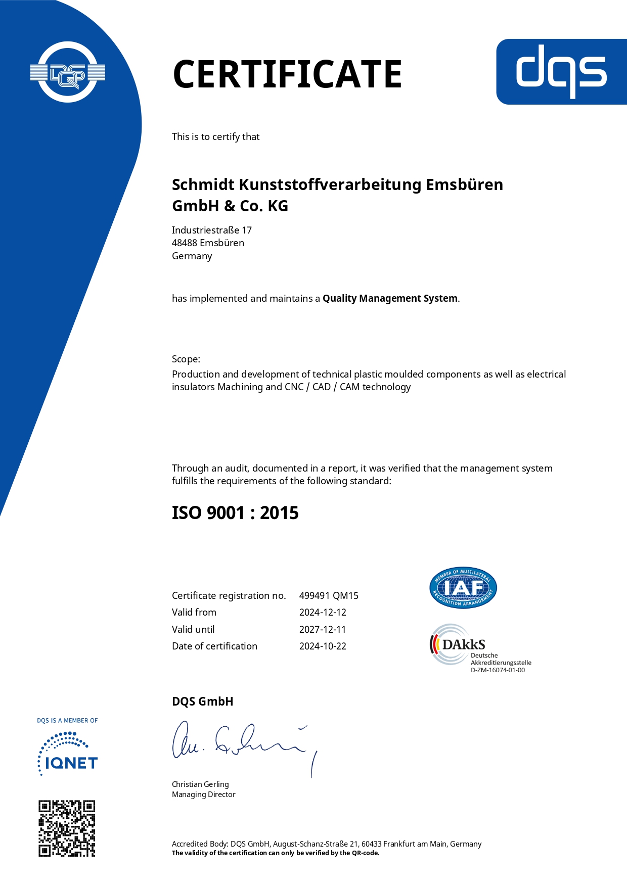 499491 - Schmidt Kunststoffverarbeitung Emsbüren GmbH & Co. KG - CERTIFICATE - englisch - 2024-12-12 - QM15_page-0001 DQS Zertifikat